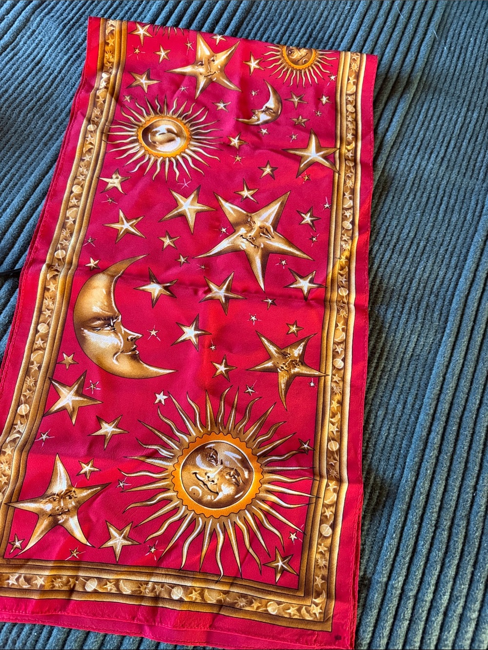 Celestial Sun and Moon Silk Scarf - Red 4’